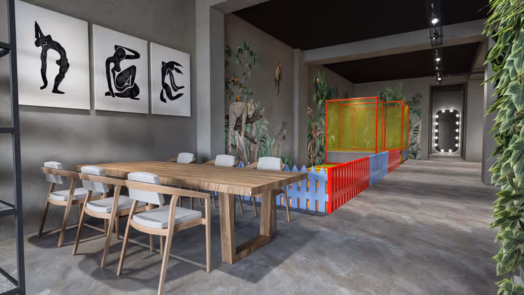 Restaurant med lekeområde for barn og møbler i tre