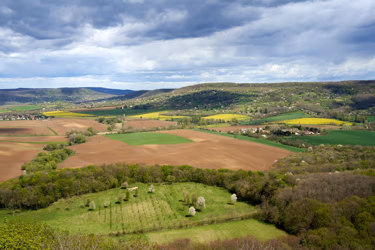 Mosaico di campi arati, colza gialla e colline verdi con alberi in fiore nell'Ungheria orientale sotto nuvole pesanti