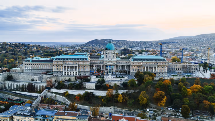 Veduta aerea del castello di Buda con la cupola verde sopra gli alberi autunnali sulla collina a Budapest al crepuscolo