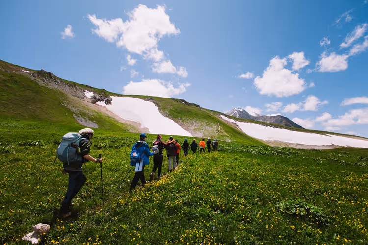 Gruppe von Touristinnen und Touristen mit Rucksäcken auf einem Bergpfad durch grüne Wiesen