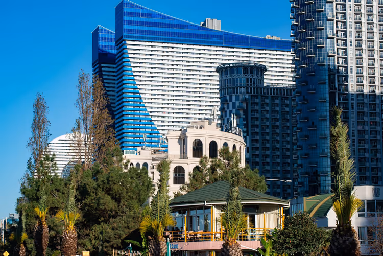 Blau-weiße Hoteltürme ragen hinter Palmen und einem kleinen Pavillon in Batumi unter klarem Himmel auf