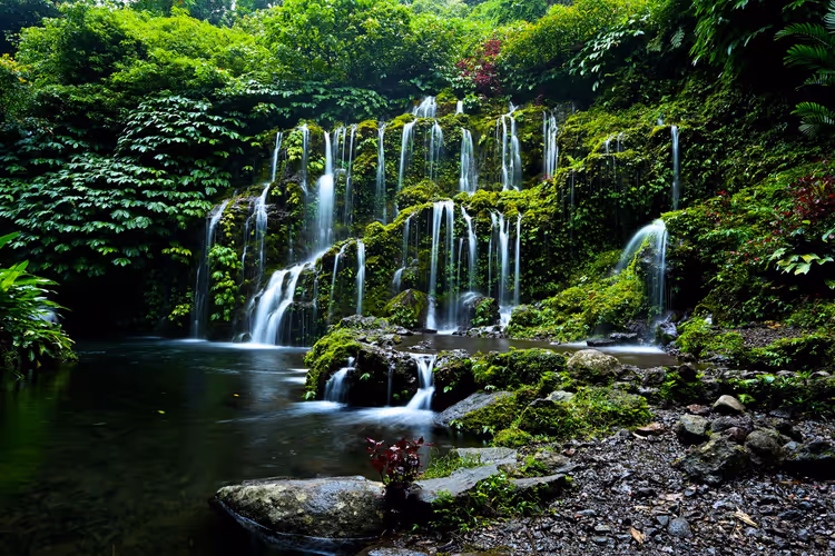 Kaskadenförmiger Wasserfall im tropischen Dschungel von Bali