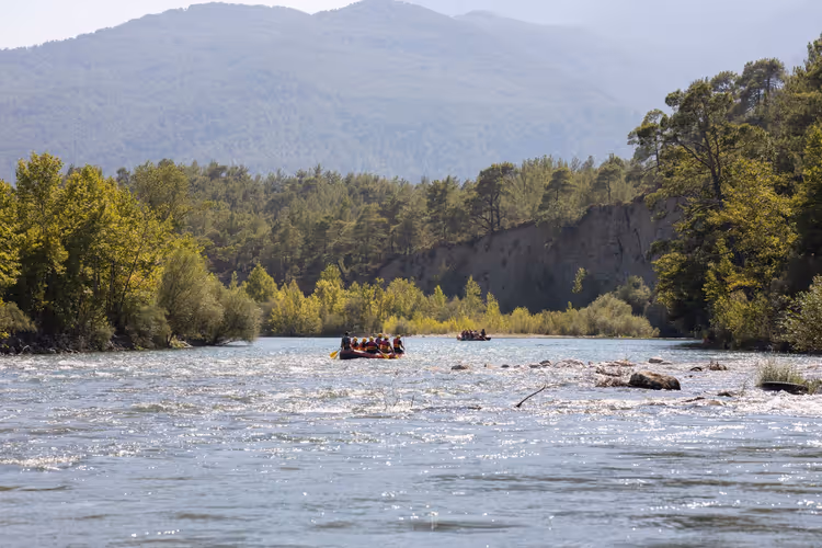Zwei Raftingboote mit Paddlern auf einem breiten, gekräuselten Fluss zwischen Kiefernwald und dunstigen Bergen im Köprülü-Canyon