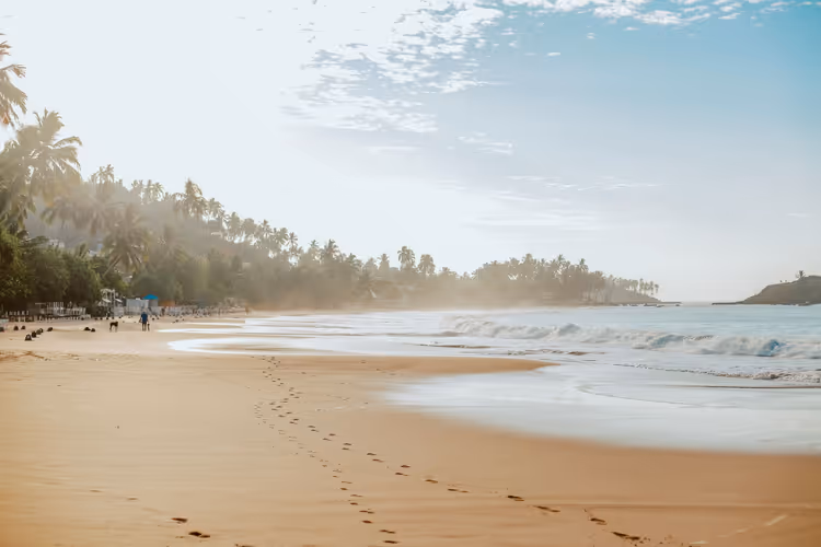 Tropischer Strand in Sri Lanka bei Sonnenaufgang mit Fußspuren im Sand