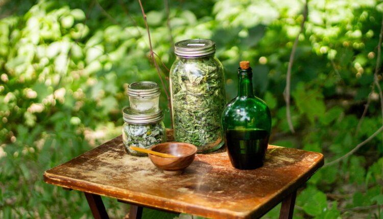 Jars filled with dried herbs and a bottle on a wooden table amidst greenery, depicting natural remedies.