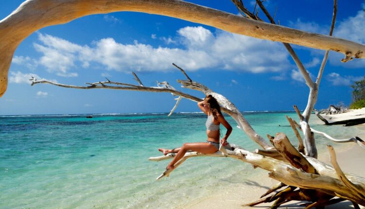 a woman sitting on a tree branch on a beach