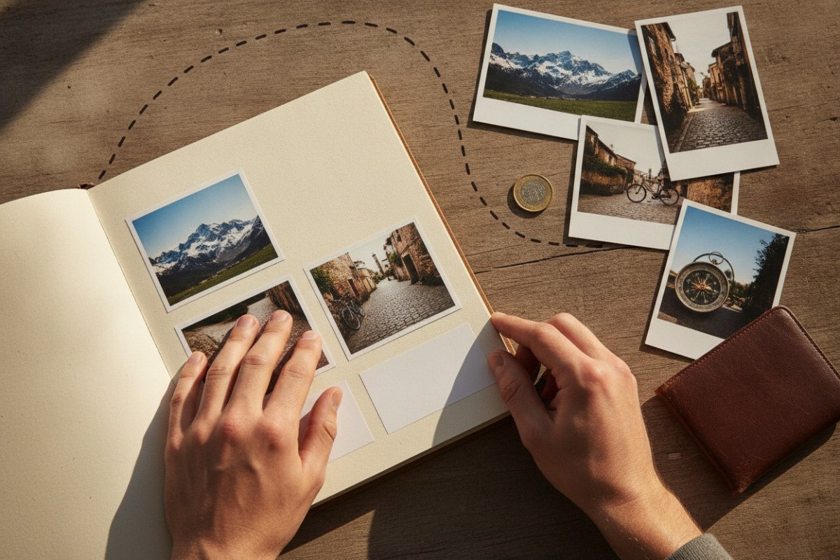 Hände gestalten ein Fotobuch mit Reisebildern und einer Route.