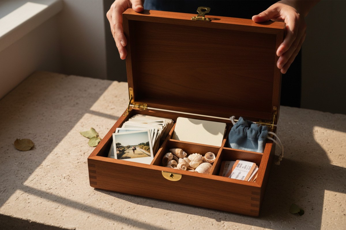 Geöffnete Erinnerungsbox mit Fotos und kleinen Reiseandenken.